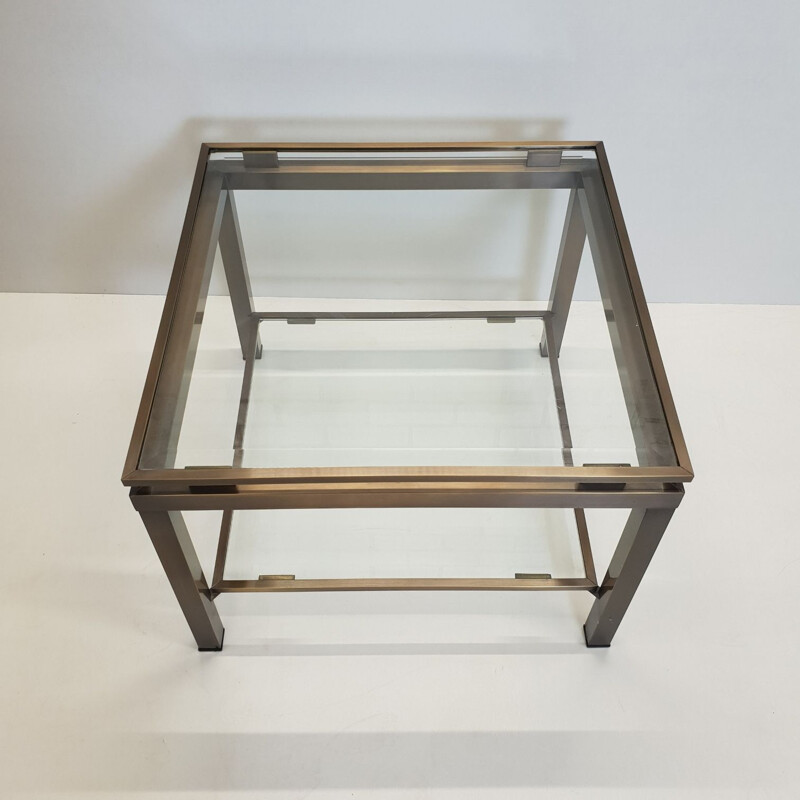 Vintage square side table in brass with 2 shelves in glass by Maison Jansen