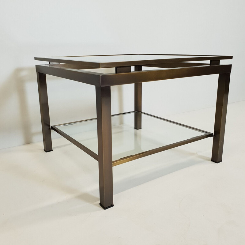 Vintage square side table in brass with 2 shelves in glass by Maison Jansen