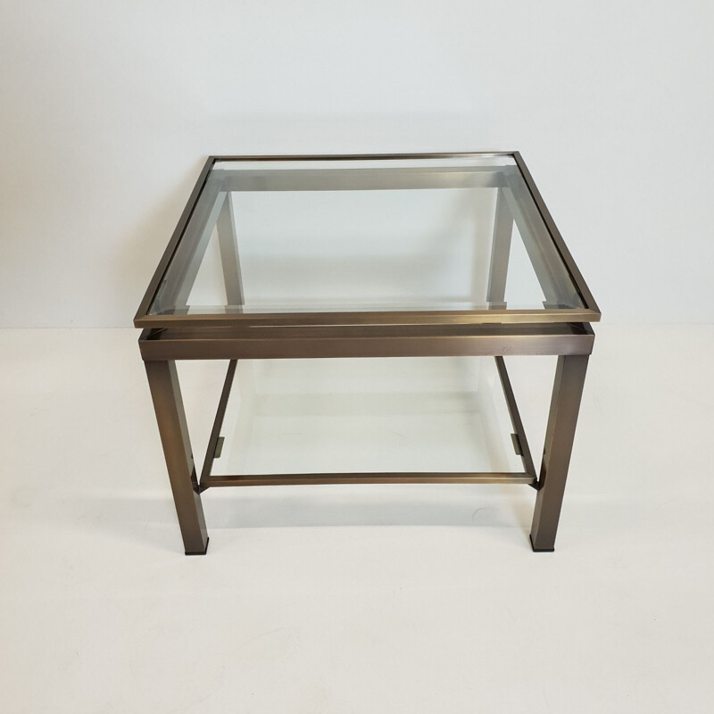 Vintage square side table in brass with 2 shelves in glass by Maison Jansen