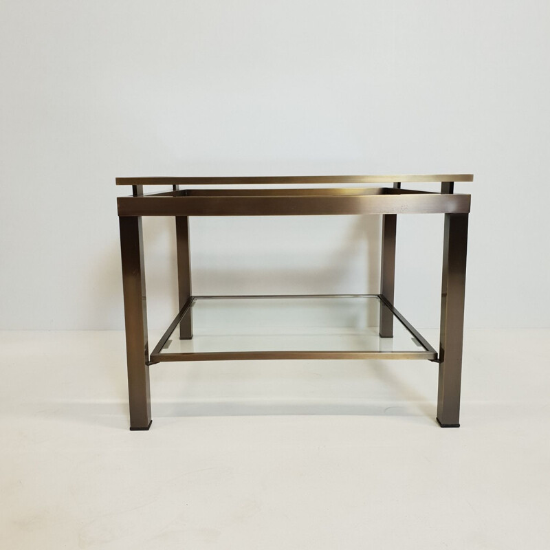 Vintage square side table in brass with 2 shelves in glass by Maison Jansen