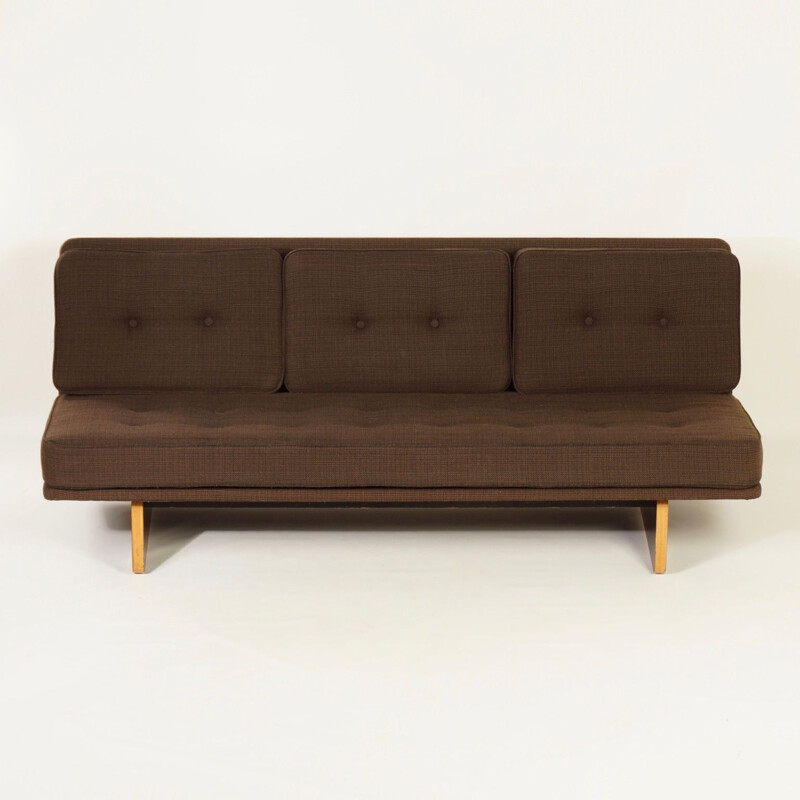 Vintage 671 plywood and brown fabric sofa by Kho Liang for Artifort, 1960