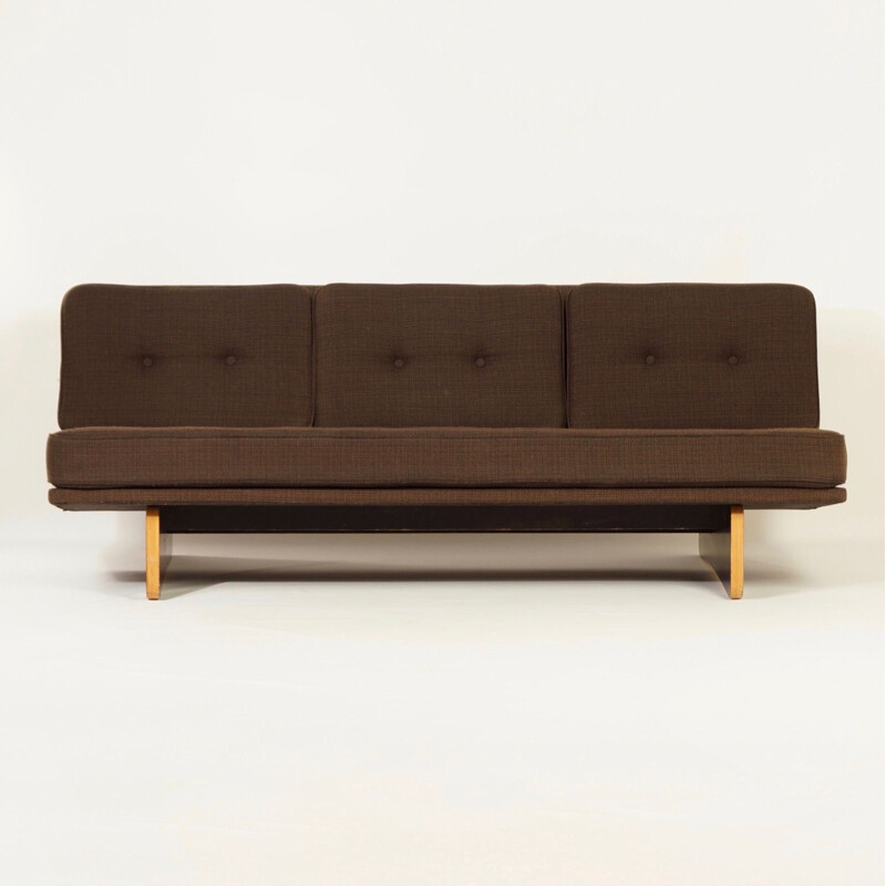 Vintage 671 plywood and brown fabric sofa by Kho Liang for Artifort, 1960