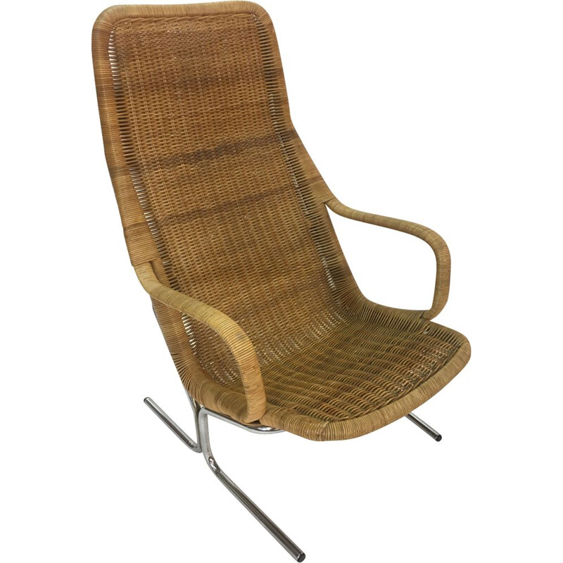 Vintage rattan and steel lounge chair by Dirk van Sliedrecht