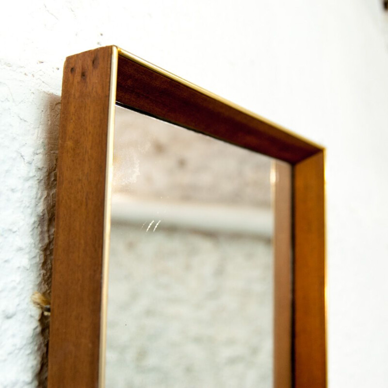 Vintage Scandinavian mirror in teak and brass