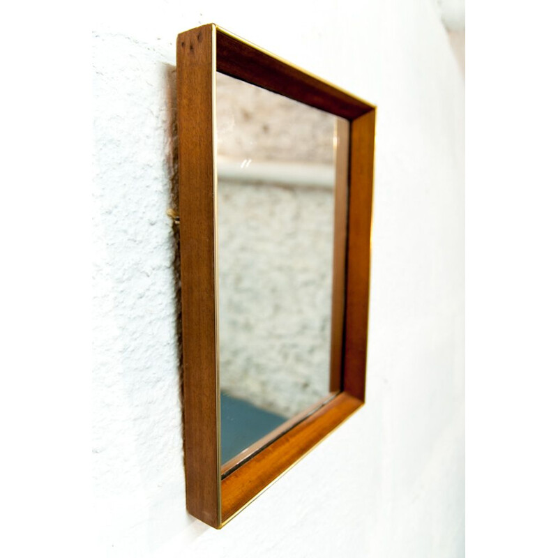 Vintage Scandinavian mirror in teak and brass