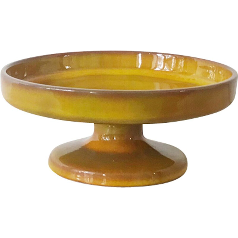 Yellow ceramic bowl with pedestal by Jacques and Dani Ruelland