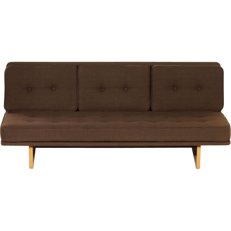 Vintage 671 plywood and brown fabric sofa by Kho Liang for Artifort, 1960