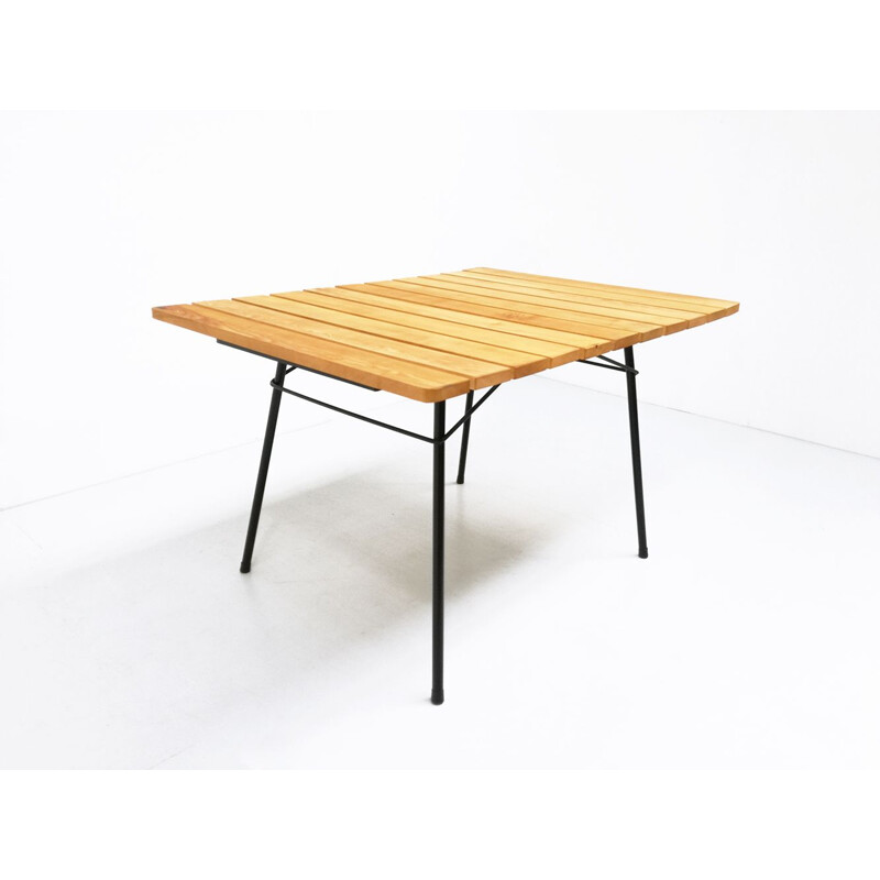 Table Vintage moderniste en frêne et en acier