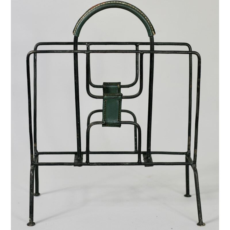 Vintage Magazine rack in metal and green leather by Jacques Adnet