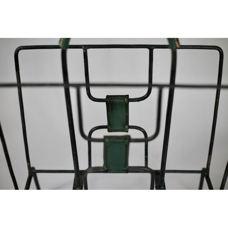 Vintage Magazine rack in metal and green leather by Jacques Adnet