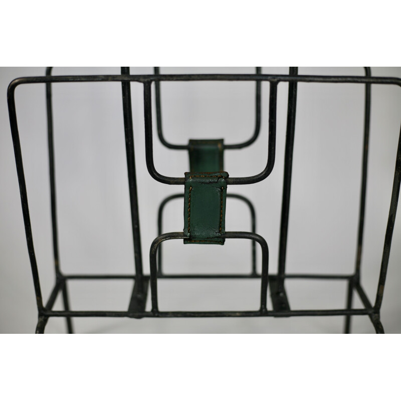 Vintage Magazine rack in metal and green leather by Jacques Adnet