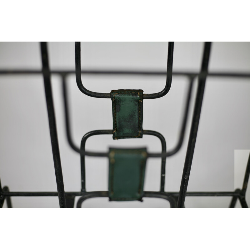 Vintage Magazine rack in metal and green leather by Jacques Adnet