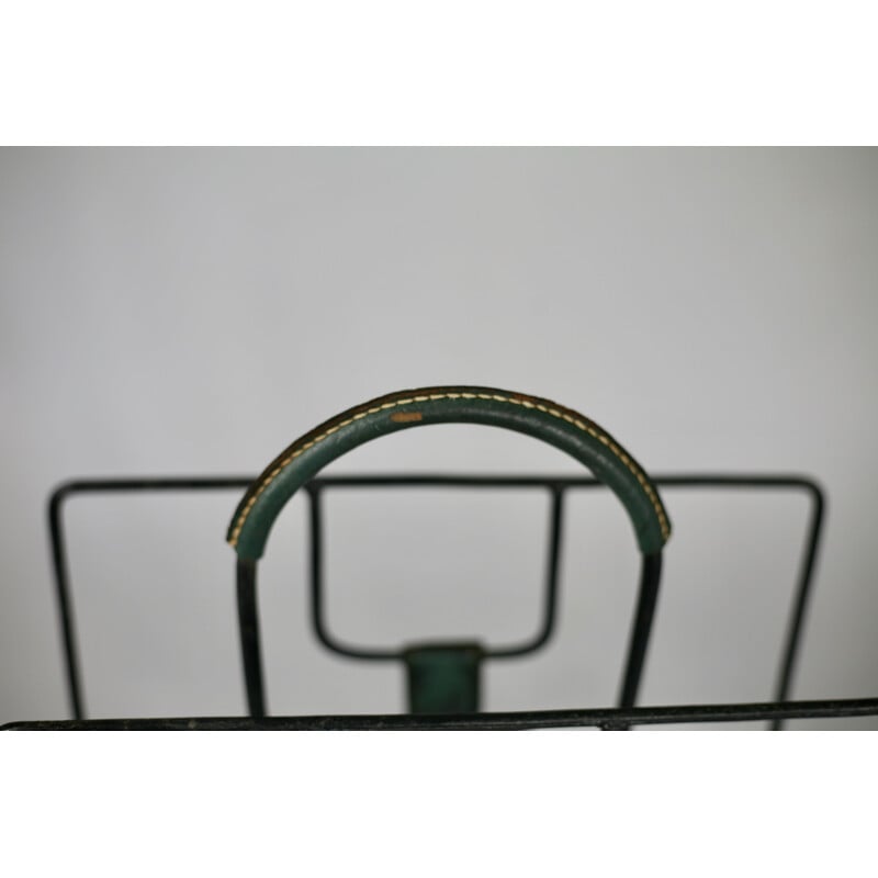 Vintage Magazine rack in metal and green leather by Jacques Adnet