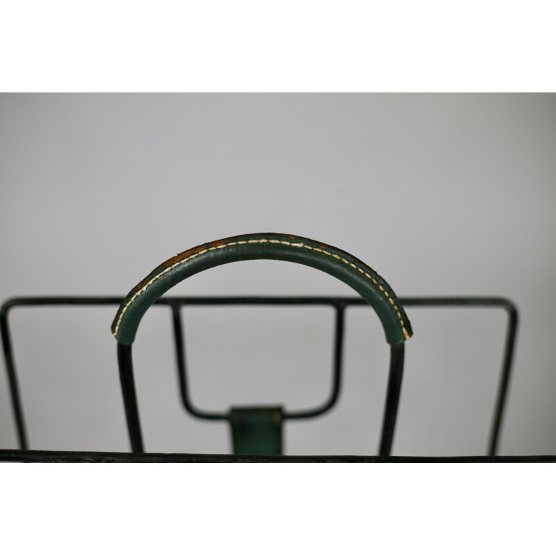 Vintage Magazine rack in metal and green leather by Jacques Adnet