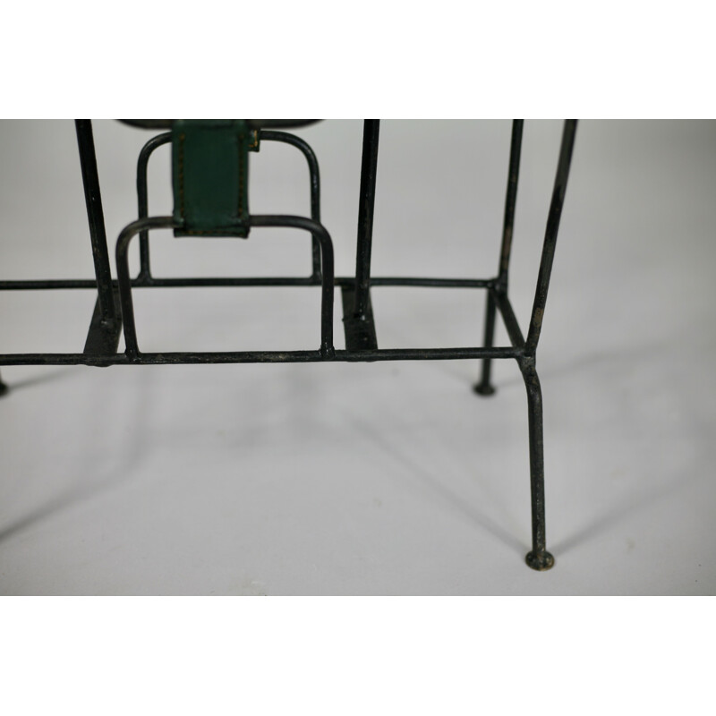 Vintage Magazine rack in metal and green leather by Jacques Adnet