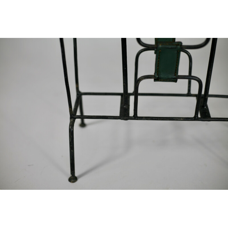 Vintage Magazine rack in metal and green leather by Jacques Adnet