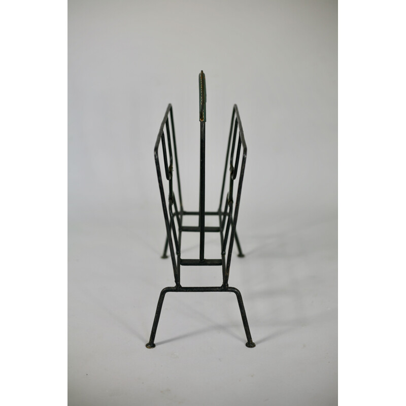 Vintage Magazine rack in metal and green leather by Jacques Adnet