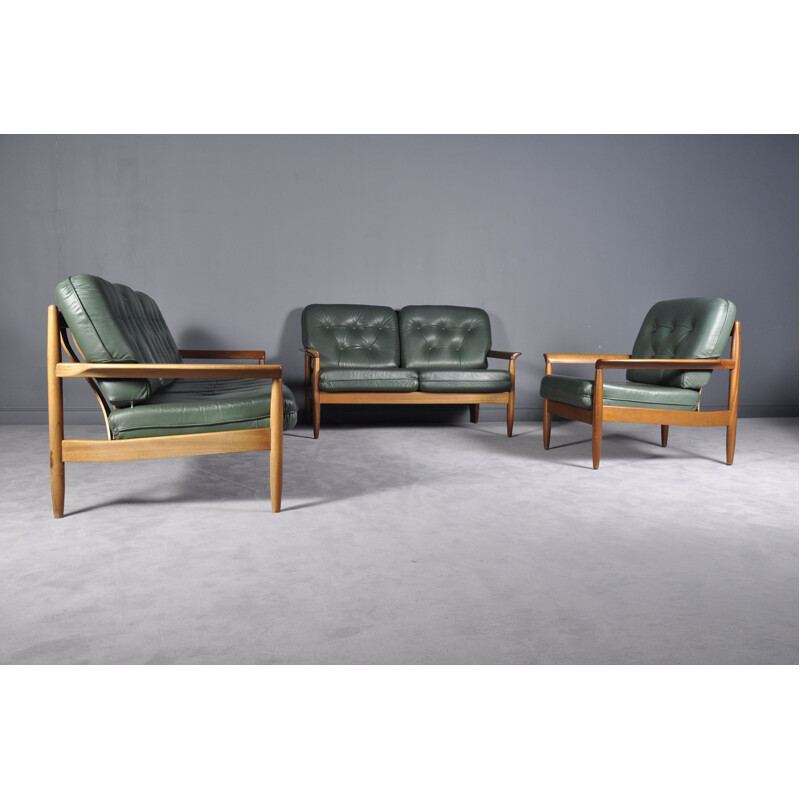 Vintage scandinavian Sofa Set in Green Leather