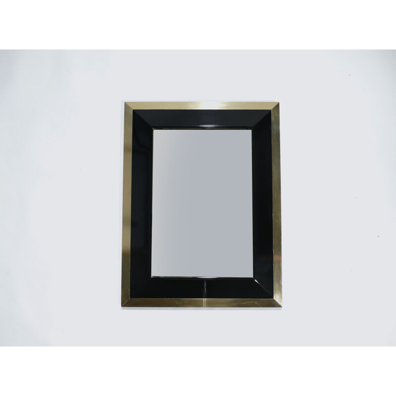 Black lacquered vintage mirror in brass by J.C. Mahey for Romeo Paris, 1970