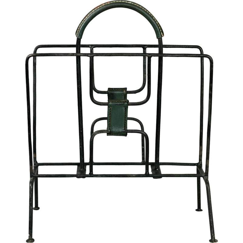 Vintage Magazine rack in metal and green leather by Jacques Adnet