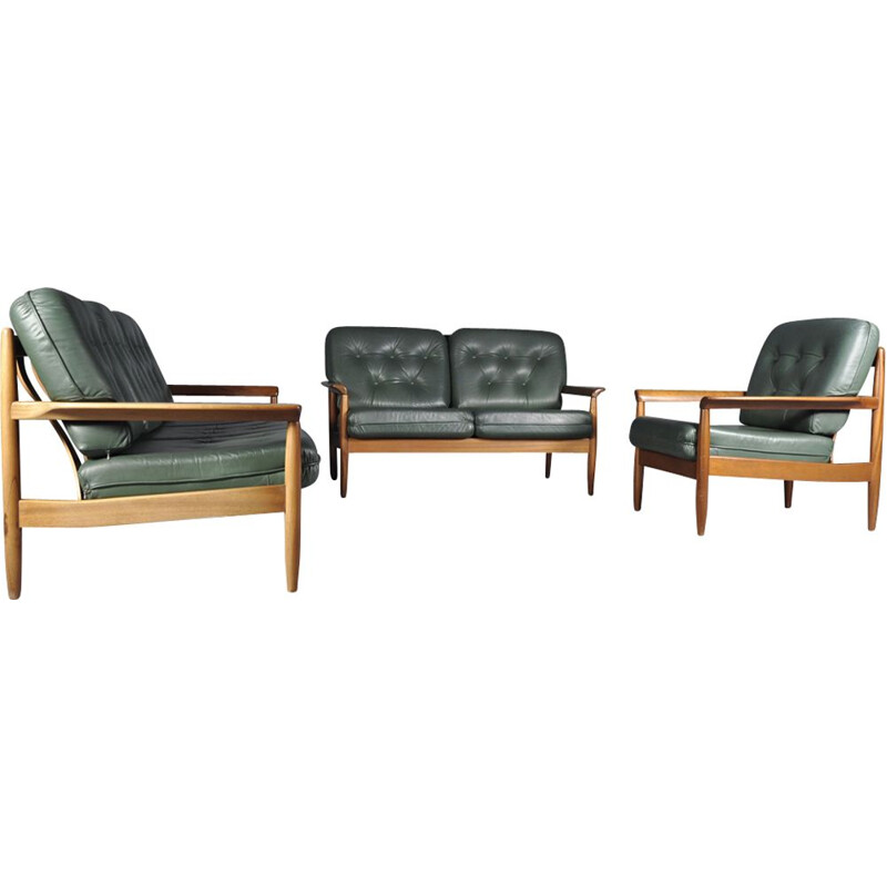 Vintage scandinavian Sofa Set in Green Leather