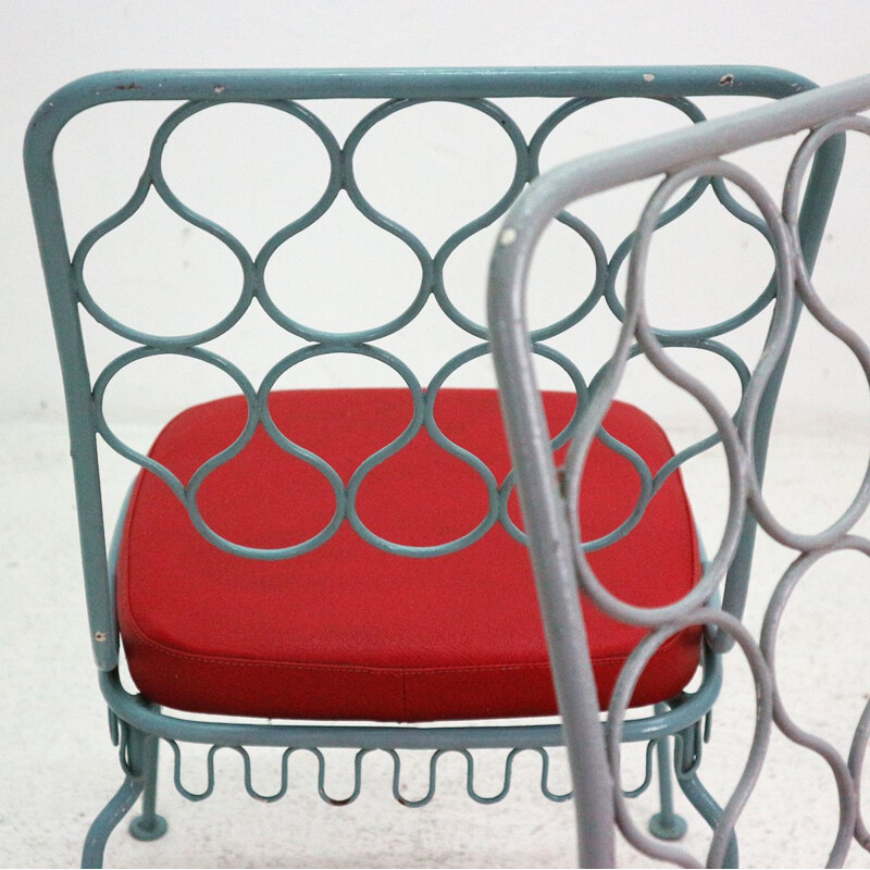 Vintage set of 2 garden chairs in steel with leatherette seats