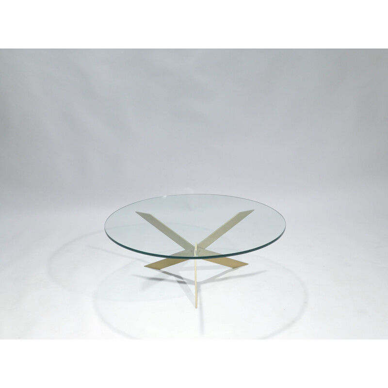 Table basse vintage ronde en verre et laiton, 1970