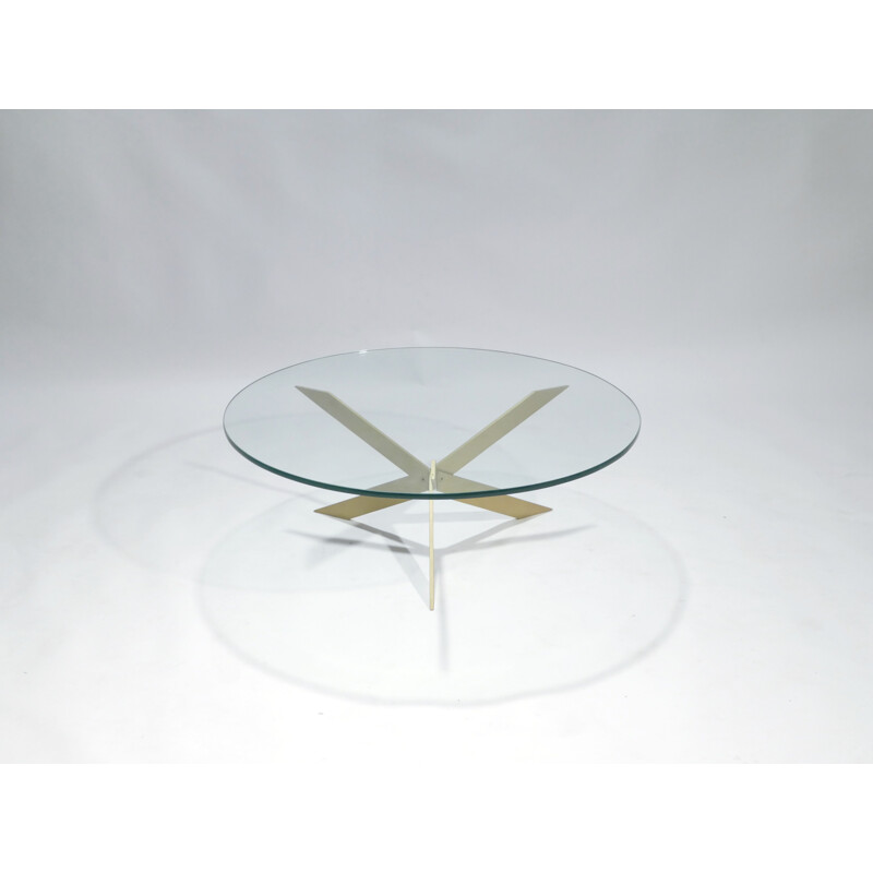 Round vintage coffee table in glass and brass, 1970