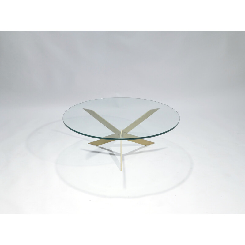 Table basse vintage ronde en verre et laiton, 1970