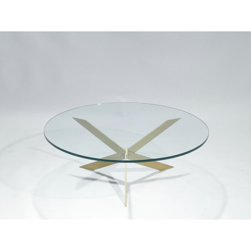 Round vintage coffee table in glass and brass, 1970