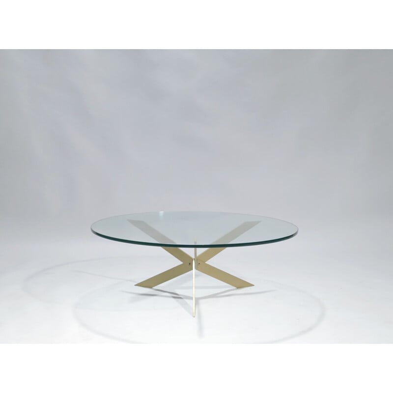 Table basse vintage ronde en verre et laiton, 1970