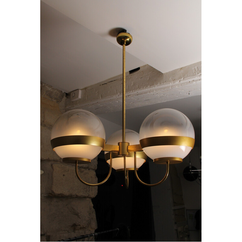 Italian golden hanging lamp in brass and glass, ed. Lamperti - 1970s