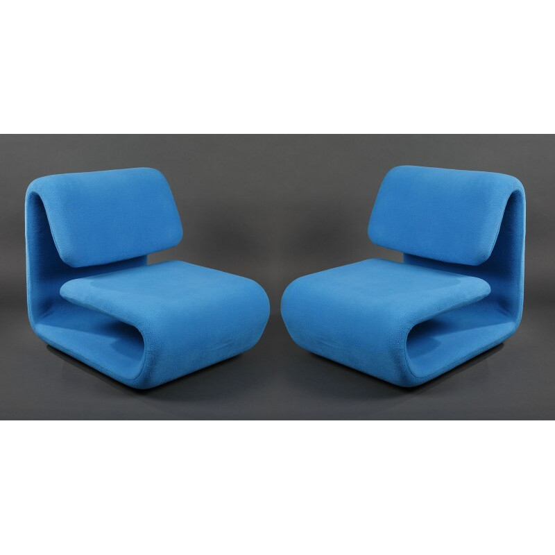 Pair of low chairs in blue fabric, Etienne-Henri MARTIN - 1970s