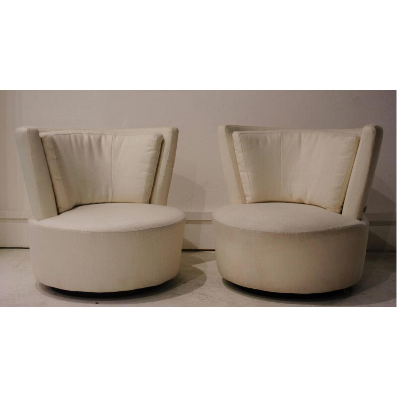 Pair of swivel armchairs in wood, metal and fabric, Vladimir KAGAN - 1980s