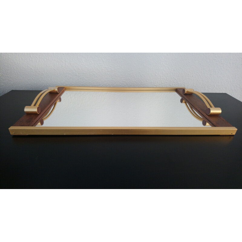 Vintage mirror serving tray in Teak and brass 