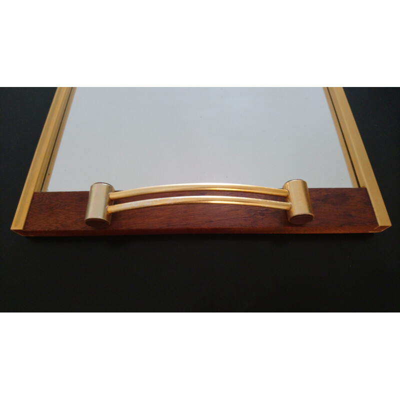 Vintage mirror serving tray in Teak and brass 