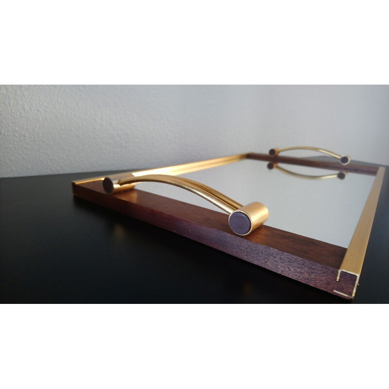 Vintage mirror serving tray in Teak and brass 