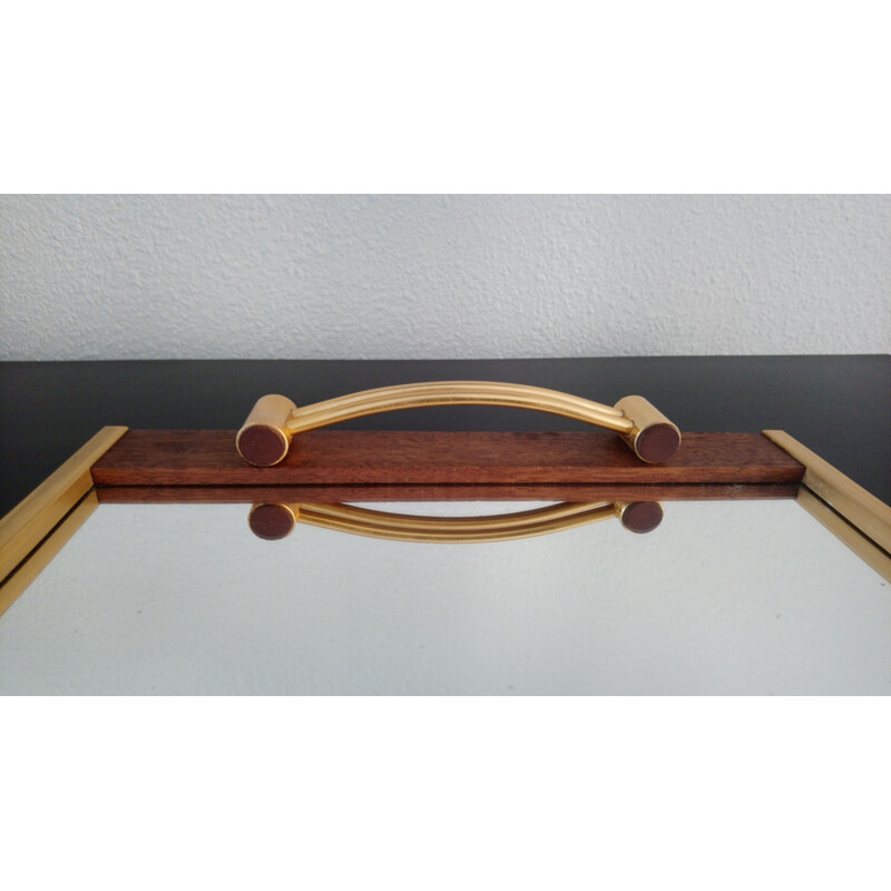 Vintage mirror serving tray in Teak and brass 