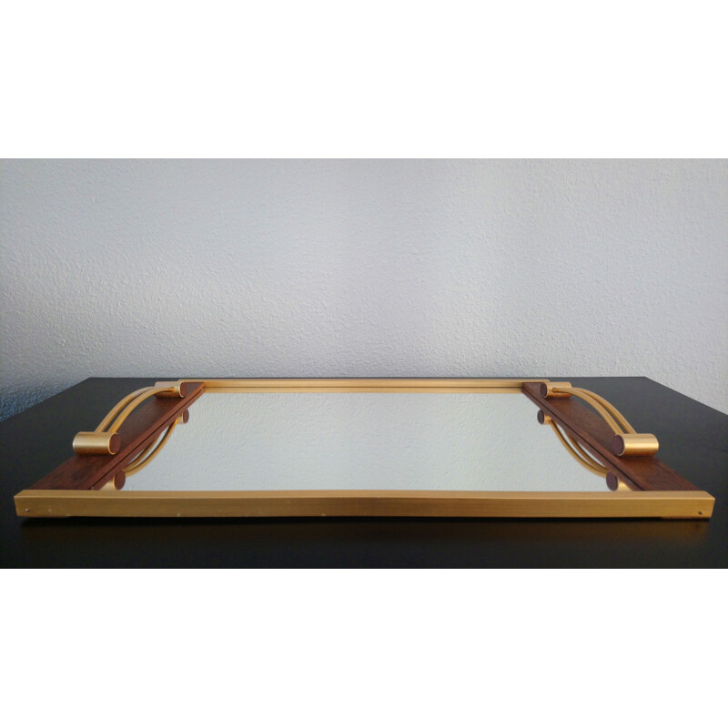 Vintage mirror serving tray in Teak and brass 