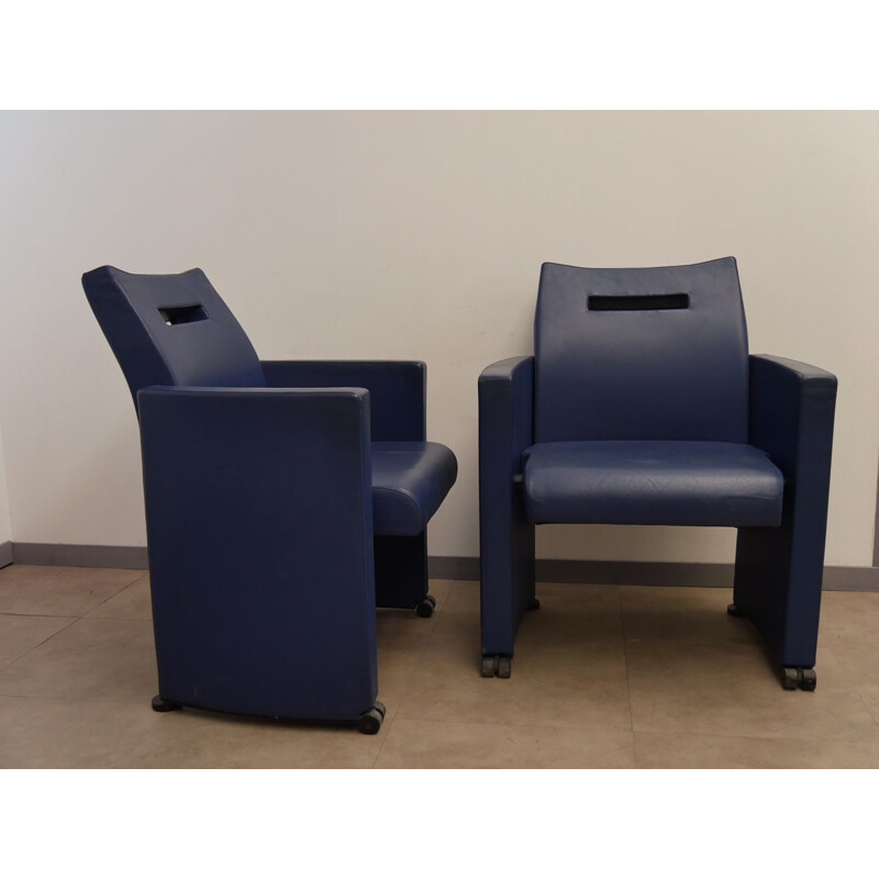 Paar vintage blauw lederen fauteuils van Jean Michel Wilmotte, 1970