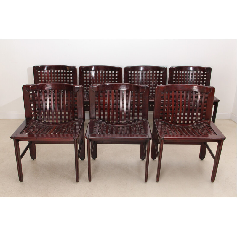 Ensemble table et ses 7 chaises à repas en palissandre et inox - 1970