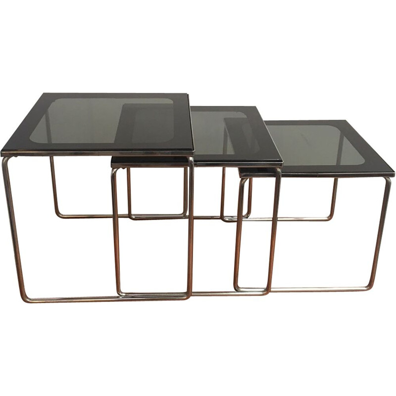 Set of 3 nesting tables in chrome steel & glass
