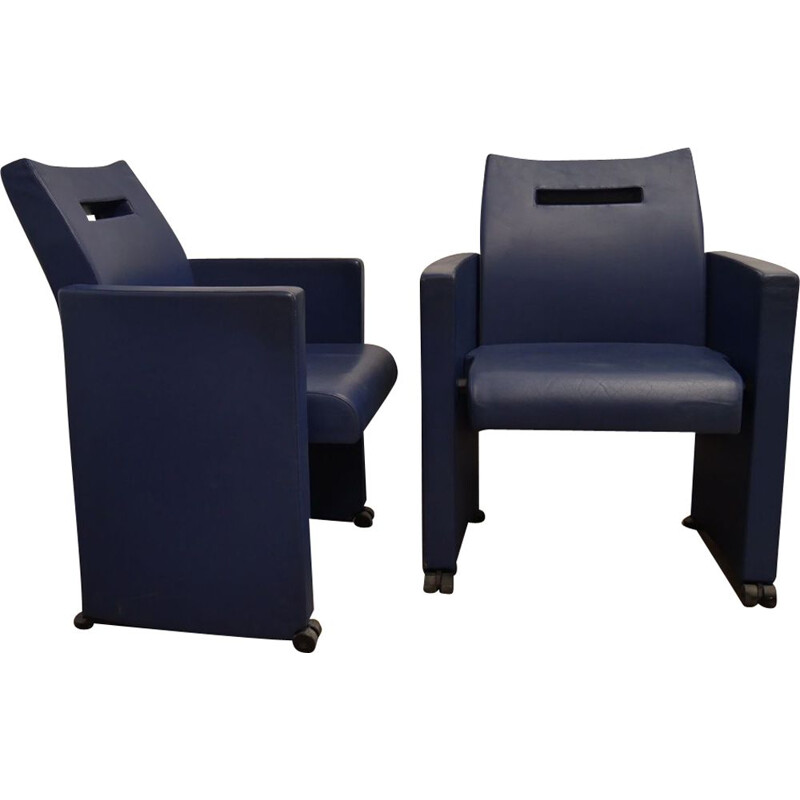 Pair of vintage blue leather armchairs by Jean Michel Wilmotte, 1970