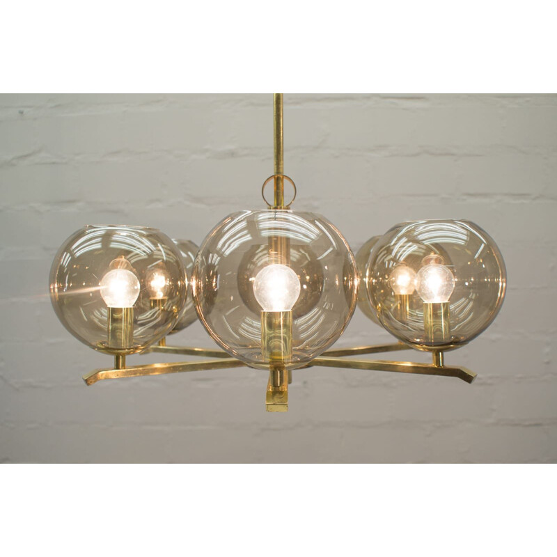 Vintage chandelier in brass and smoked glass