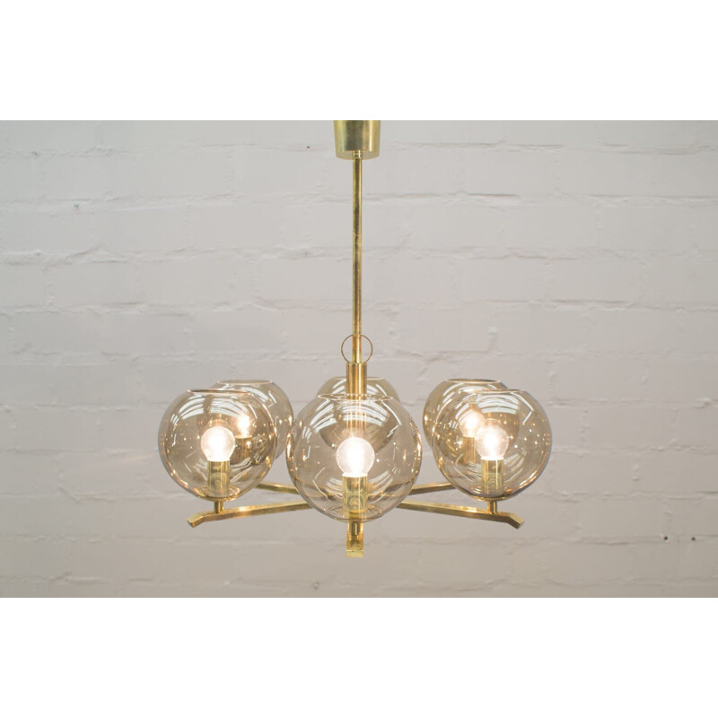 Vintage chandelier in brass and smoked glass