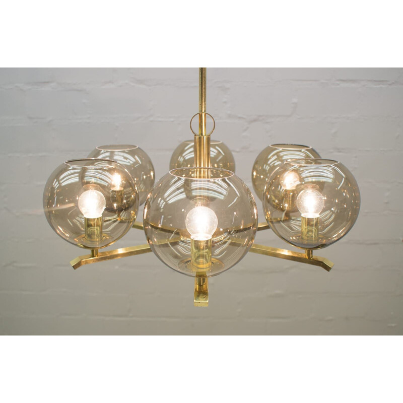 Vintage chandelier in brass and smoked glass