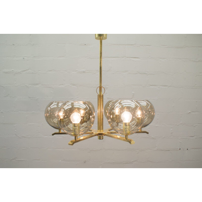 Vintage chandelier in brass and smoked glass