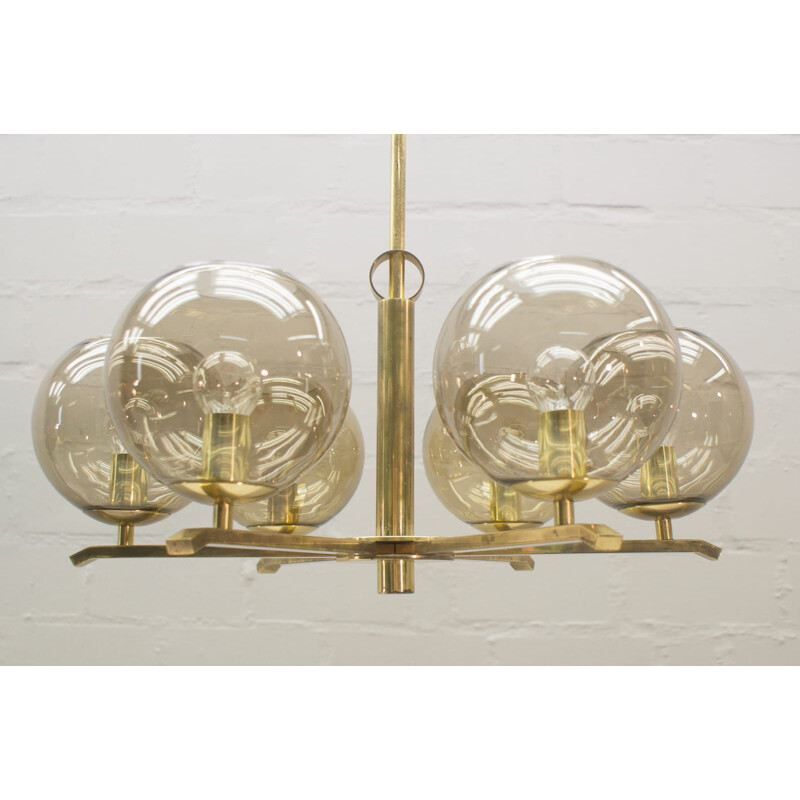 Vintage chandelier in brass and smoked glass