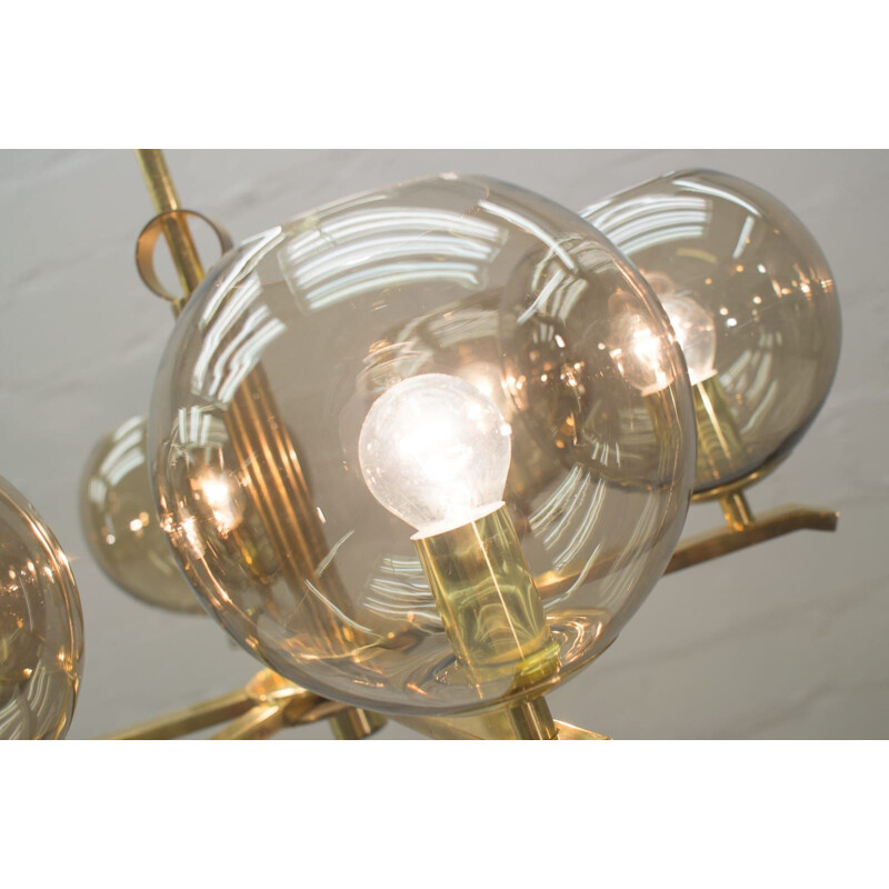 Vintage chandelier in brass and smoked glass