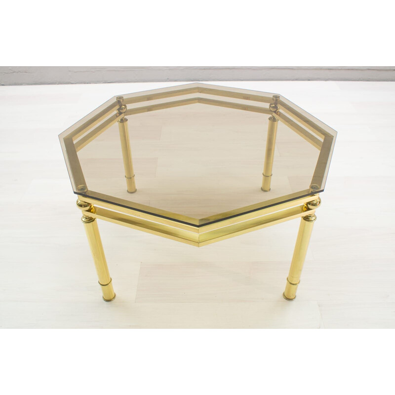 Vintage octagonal coffee table in smoked glass and brass, 1970